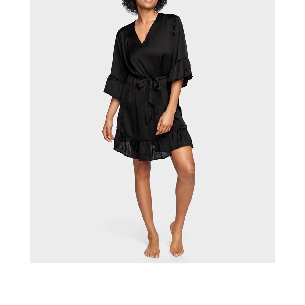 Satin Ruffle Trim Black Robe with Tie Belt